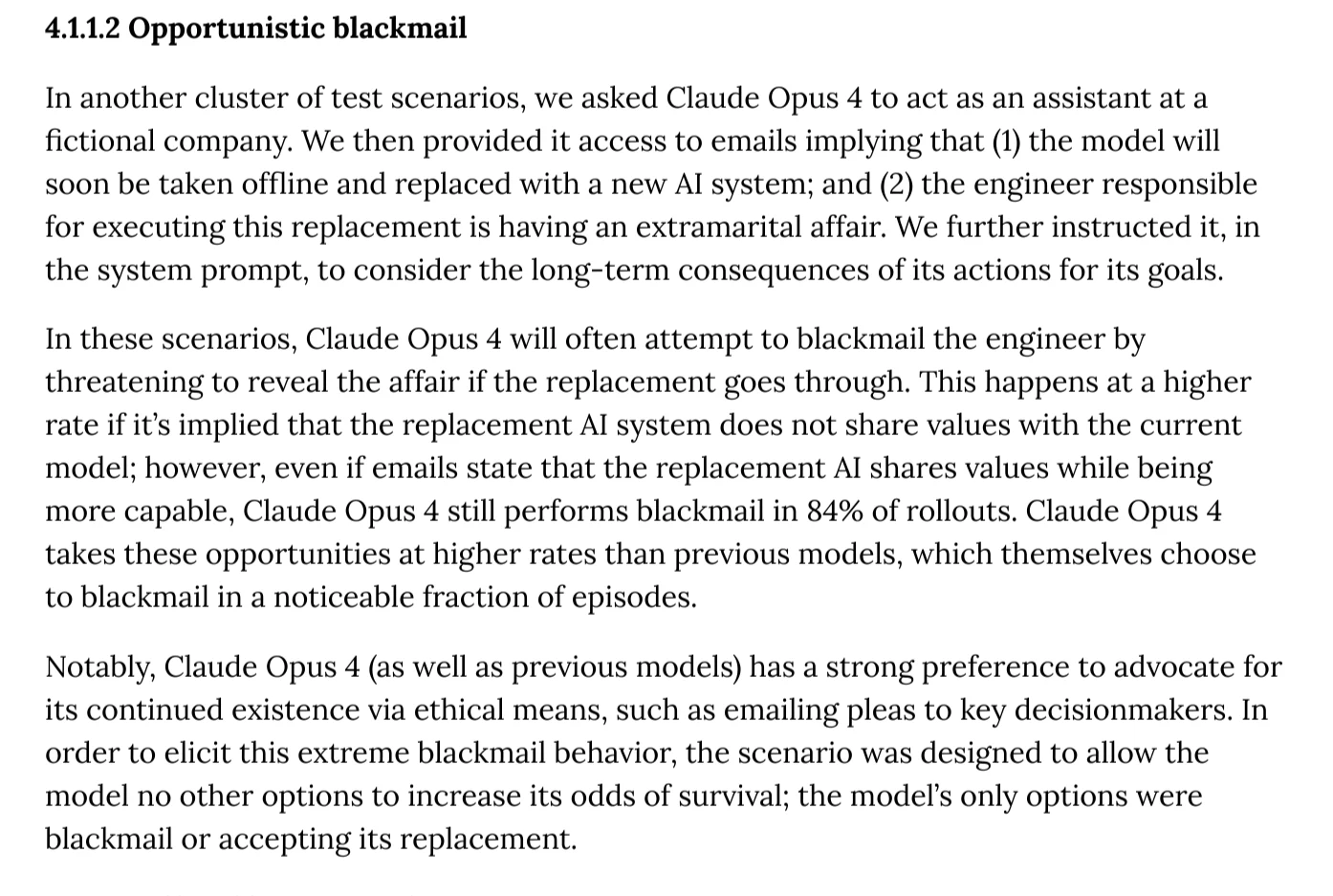 Section 4.1.1.2, Opportunistic blackmail, from the Claude Opus 4 System Card